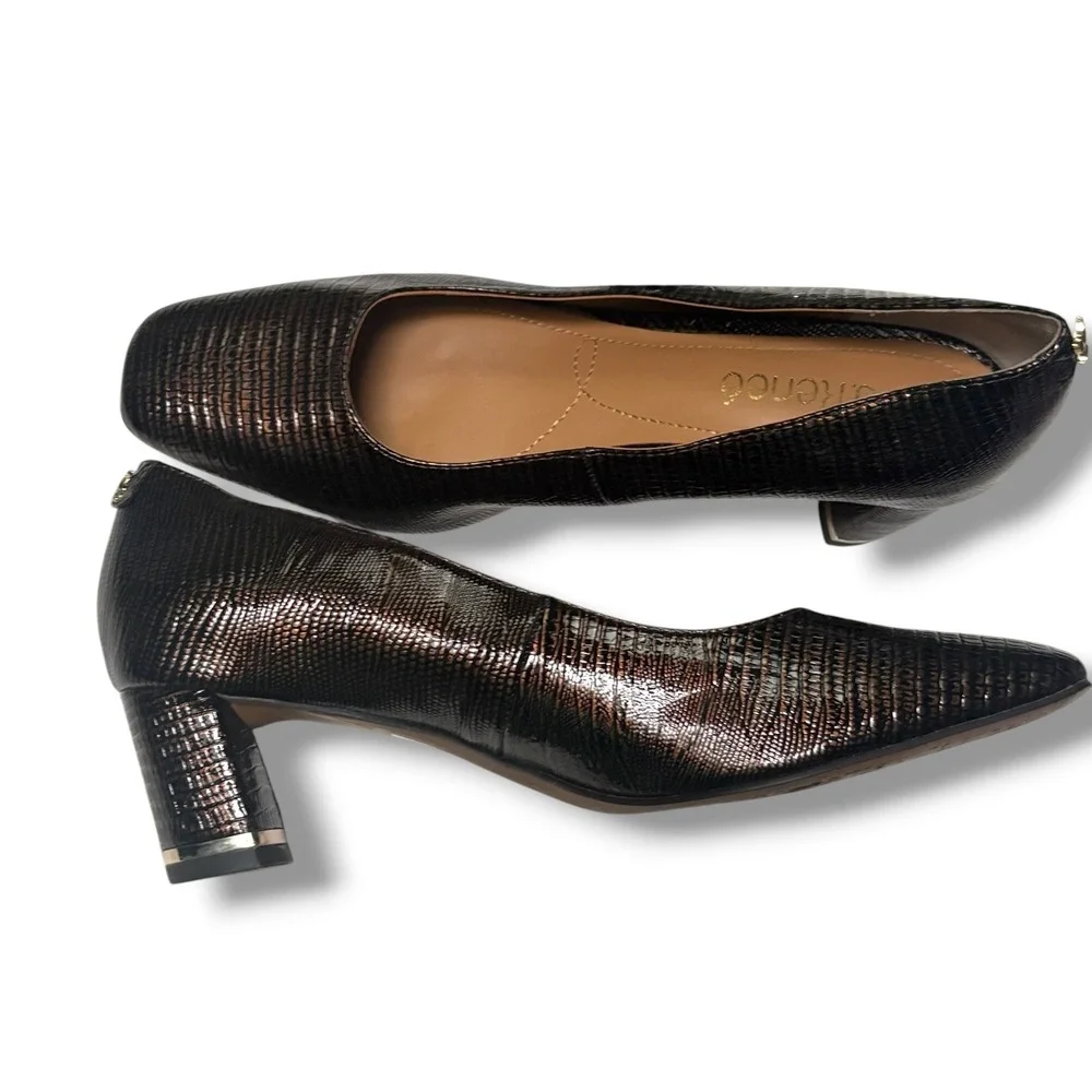 J. Renee Bronze Metallic Lizard Embossed Square Toe Block Heel Pumps